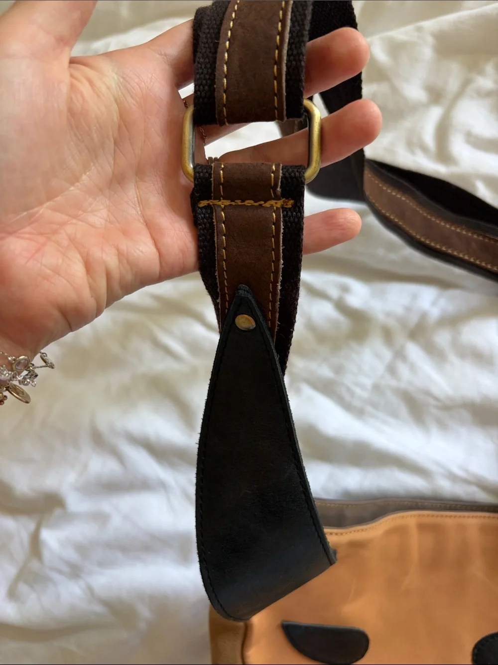 Tan and Black Leather Messenger Bag with Adjustable Strap from Argentina